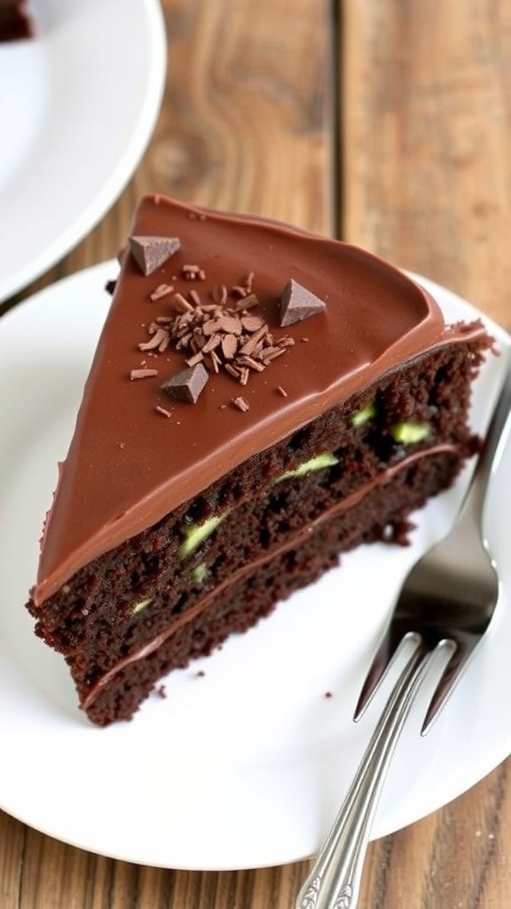 Moist Zucchini Chocolate Cake Recipe A slice of chocolate cake with zucchini, topped with chocolate frosting and shavings on a white plate.